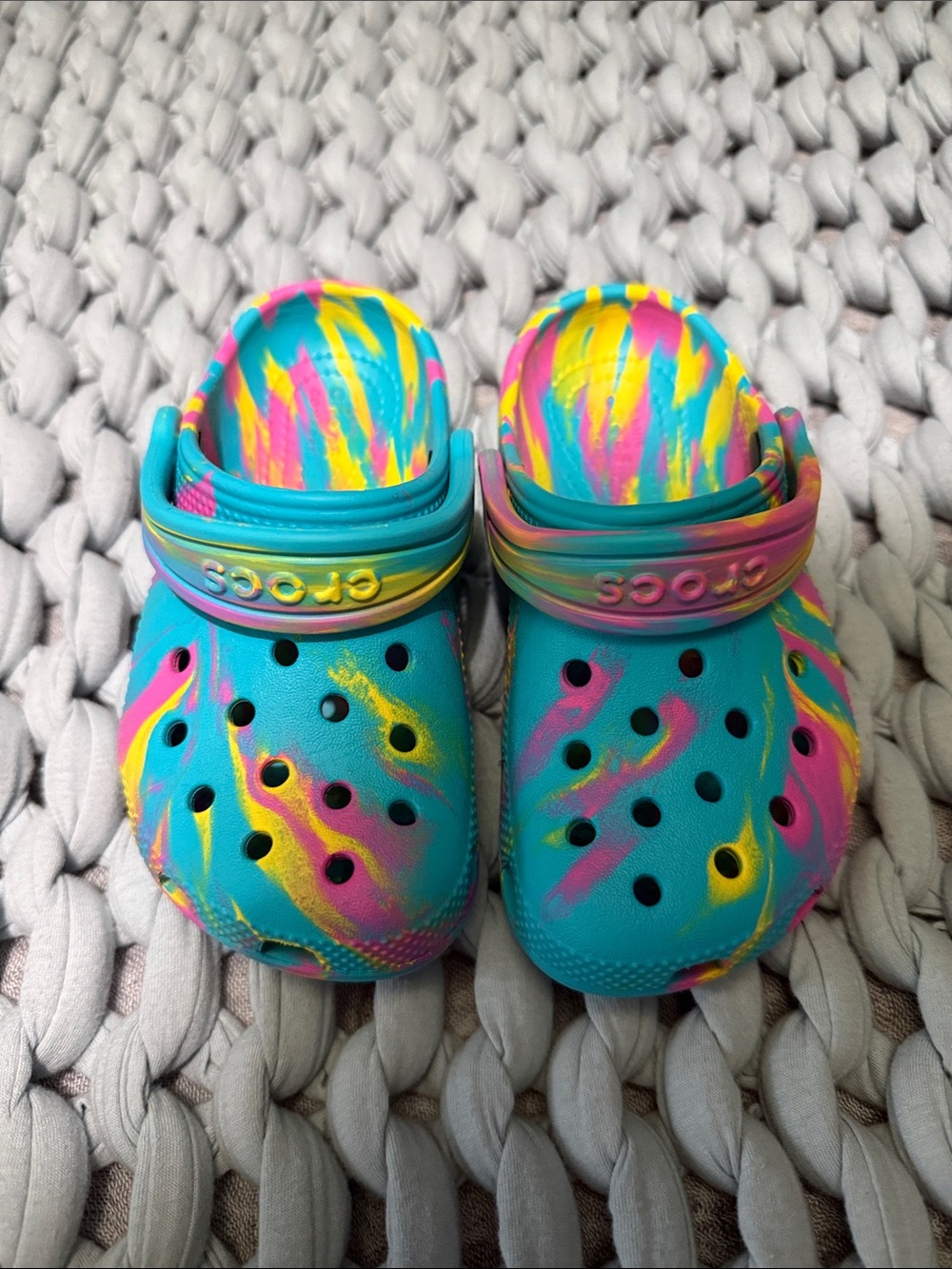 CROCS Kids Tie-Dye Clog Sandals — Turquoise, Pink & Yellow